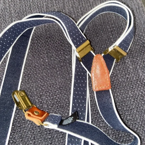 Blue vintage suspenders leather with polkadots vintage French formal detailing - Picture 2 of 13